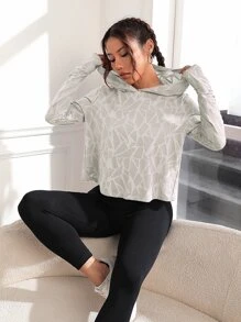 SHEIN Sport Studio Felpa con cappuccio corta con grafica geometrica, scollo avvolgente, adatta per attività sportive, felpa autunnale