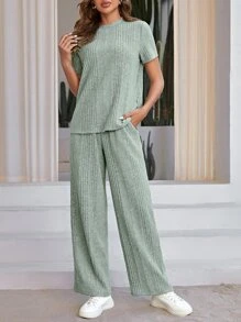 SHEIN LUNE Solid Ribbed Knit Tee & Trousers - Mint Green - View 1