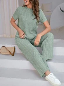 SHEIN LUNE Solid Ribbed Knit Tee & Trousers - Mint Green - View 5