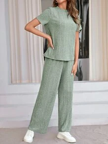 SHEIN LUNE Solid Ribbed Knit Tee & Trousers - Mint Green - View 6