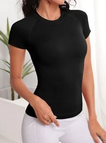 Easithlete Solid Raglan Sleeve Sports Tee Fitted Shirt Compression Shirt Gym Women Shirts - Black - View 5