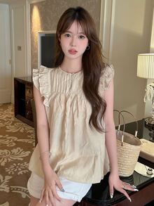 DAZY 素色荷葉邊襯衫 - 杏色 - 查看 3