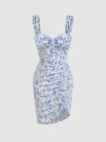SHEIN MOD Vestido de tirantes bustier con estampado floral fruncido - Azul y blanco - Ver 1