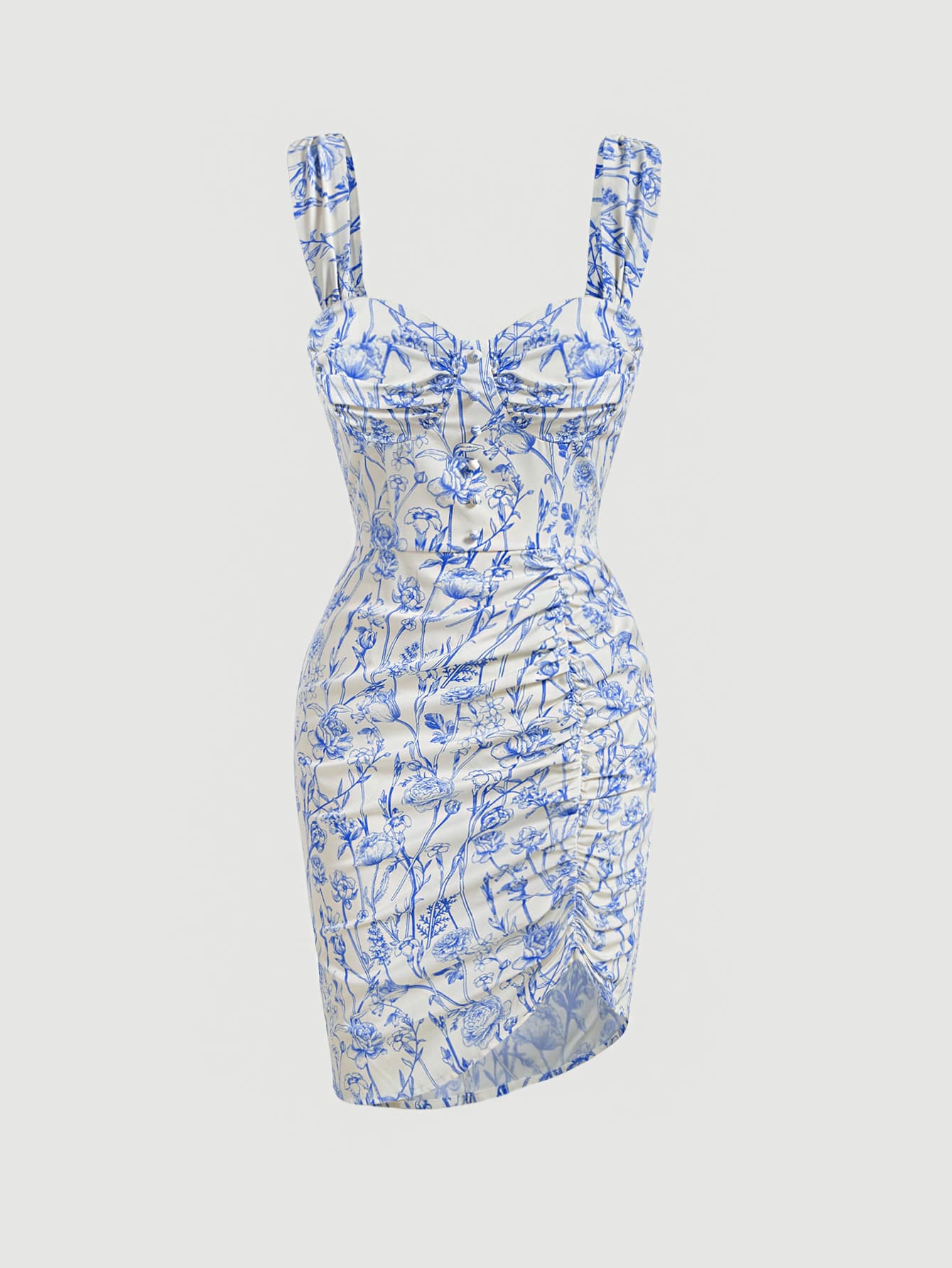 SHEIN MOD Vestido de tirantes bustier con estampado floral fruncido - Azul y blanco - Ver 1