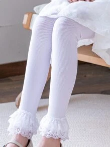 1雙小女童蕾絲邊素色休閒褲襪 - 白色 - 查看 2