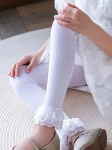 1雙小女童蕾絲邊素色休閒褲襪 - 白色 - 查看 4