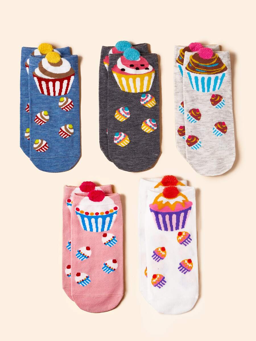 5雙女士蛋糕圖案可愛短襪
