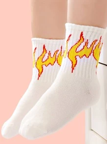 1pair Toddler Kids Flame Pattern Casual Crew Socks - White - View 1
