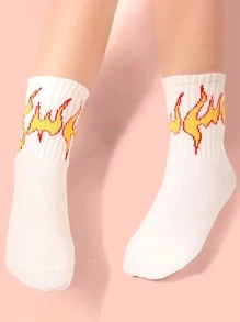 1pair Toddler Kids Flame Pattern Casual Crew Socks - White - View 2