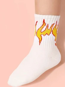 1pair Toddler Kids Flame Pattern Casual Crew Socks - White - View 3