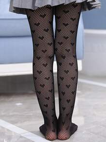 Niñas 1 par Medias de malla con patrón de corazón de moda para diariamente - Negro - Ver 3