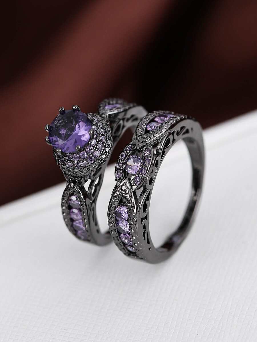 2 nhẫn tạo điểm nhấn bằng đá khối zirconia - Màu tím - Xem 1