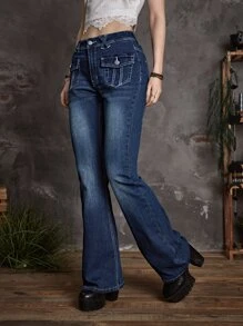 ROMWE Goth Quần jean nữ Nút Túi Dây kéo màu trơn - Rửa tối - Xem 1