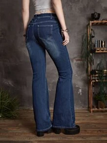 ROMWE Goth Quần jean nữ Nút Túi Dây kéo màu trơn - Rửa tối - Xem 2