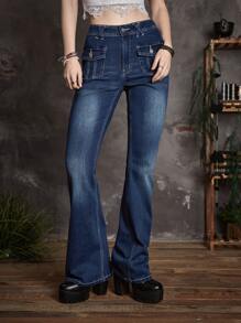 ROMWE Goth Quần jean nữ Nút Túi Dây kéo màu trơn - Rửa tối - Xem 3