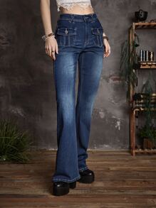 ROMWE Goth Quần jean nữ Nút Túi Dây kéo màu trơn - Rửa tối - Xem 4