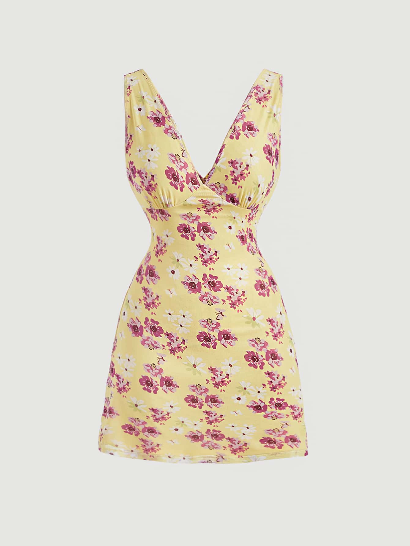SHEIN MOD Floral Print V Neck Dress - Yellow - View 1