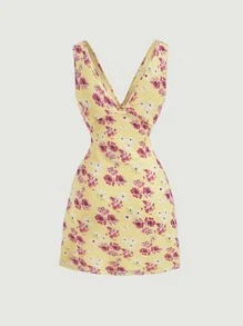 SHEIN MOD Floral Print V Neck Dress - Yellow - View 2