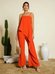 SHEIN VCAY Bộ đồ hai mảnh nữ Bất đối xứng màu trơn Giải trí - trái cam - Xem 1