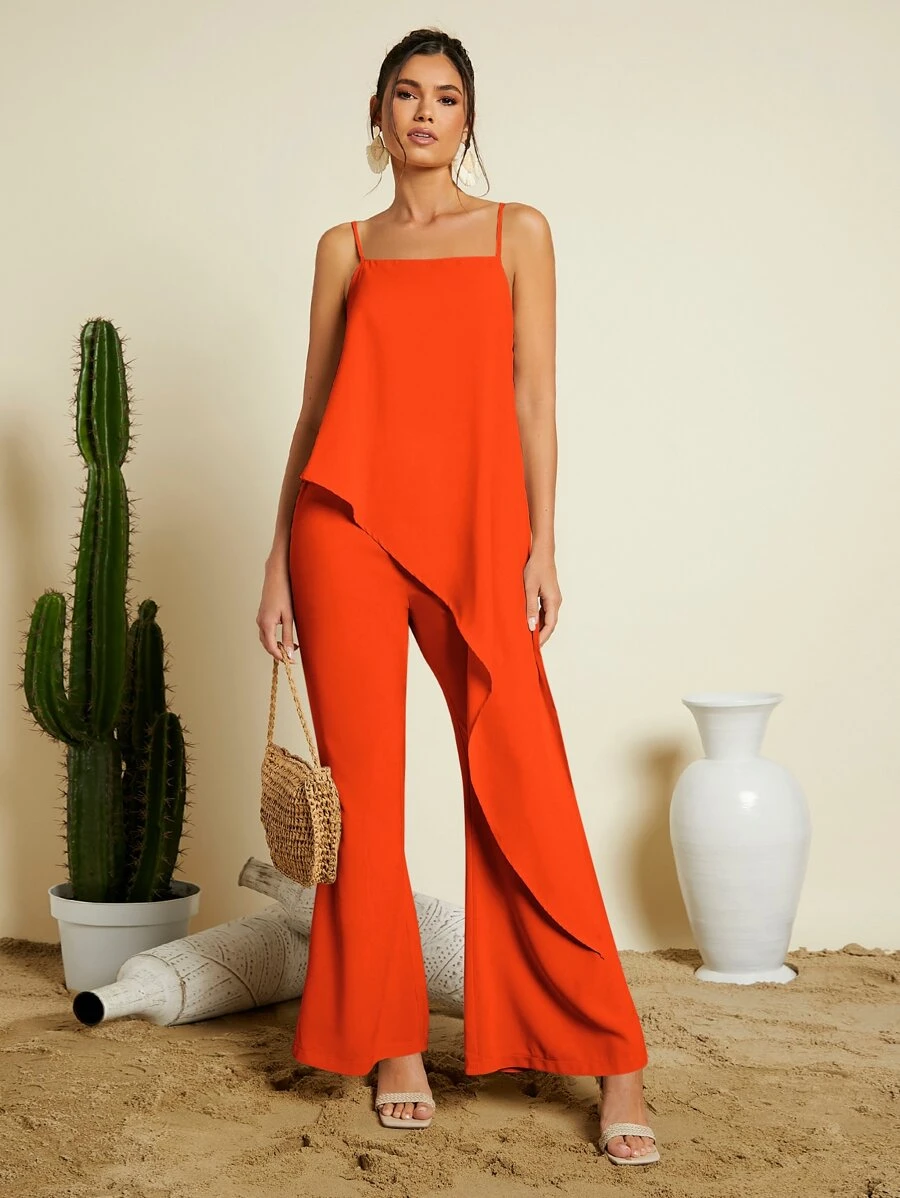 SHEIN VCAY Bộ đồ hai mảnh nữ Bất đối xứng màu trơn Giải trí - trái cam - Xem 1