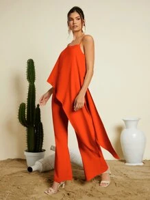 SHEIN VCAY Bộ đồ hai mảnh nữ Bất đối xứng màu trơn Giải trí - trái cam - Xem 3