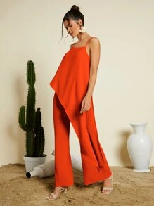 SHEIN VCAY Bộ đồ hai mảnh nữ Bất đối xứng màu trơn Giải trí - trái cam - Xem 4