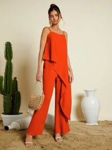 SHEIN VCAY Bộ đồ hai mảnh nữ Bất đối xứng màu trơn Giải trí - trái cam - Xem 5