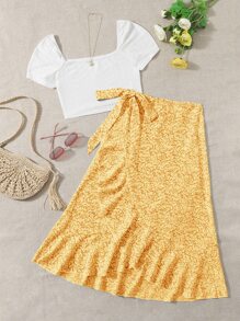 Soleia 方領T恤和碎花側打結荷葉邊半身裙 - 黃色 - 查看 1