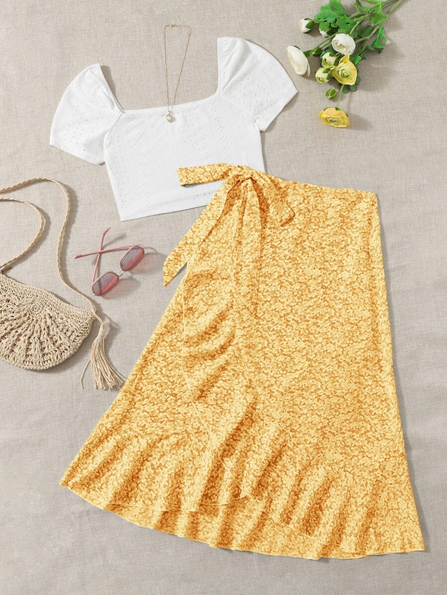 Soleia 方領T恤和碎花側打結荷葉邊半身裙 - 黃色 - 查看 1