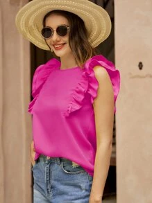 SHEIN VCAY 後綁帶荷葉邊襯衫 - 玫紅色 - 查看 5