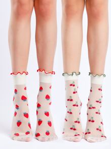 2pairs Women Lettuce Trim Strawberry Pattern Fashionable Crew Socks For Daily Life
