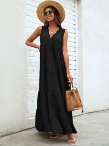 SHEIN VCAY Đầm viền lá sen Viên lá sen màu trơn Dễ thương - màu đen - Xem 3