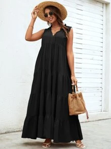 SHEIN VCAY Đầm viền lá sen Viên lá sen màu trơn Dễ thương - màu đen - Xem 4
