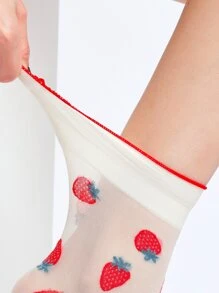 2pairs Women Lettuce Trim Strawberry Pattern Fashionable Crew Socks For Daily Life