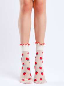2pairs Women Lettuce Trim Strawberry Pattern Fashionable Crew Socks For Daily Life
