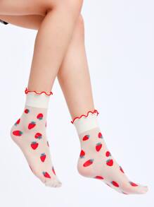 2pairs Women Lettuce Trim Strawberry Pattern Fashionable Crew Socks For Daily Life