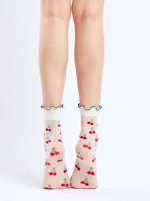 2pairs Women Lettuce Trim Strawberry Pattern Fashionable Crew Socks For Daily Life