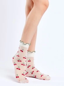2pairs Women Lettuce Trim Strawberry Pattern Fashionable Crew Socks For Daily Life