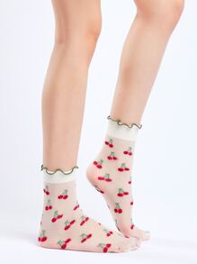 2pairs Women Lettuce Trim Strawberry Pattern Fashionable Crew Socks For Daily Life