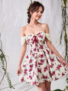 SHEIN MOD Floral Print Off Shoulder Lace Up Front Dress - Multicolor - View 4