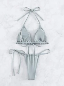 SHEIN Swim Ensemble De Bikini Triangle Dos Nu Avec Nœud Et Détail De Plage D'été