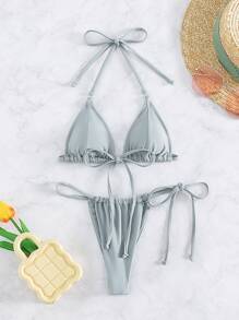 SHEIN Swim Ensemble De Bikini Triangle Dos Nu Avec Nœud Et Détail De Plage D'été