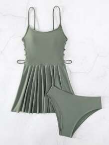 Swim Vcay Summer Beach Solid Tankini Set Lace Up Side Flowy Swim Dress & Bikini Bottom 2 Piece Bathing Suit - Army Green - View 5