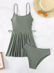 Swim Vcay Summer Beach Solid Tankini Set Lace Up Side Flowy Swim Dress & Bikini Bottom 2 Piece Bathing Suit - Army Green - View 6