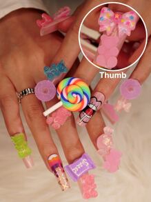 Elevate Your Style With 24Pcs Long Coffin Candy Bear Bowknot 3D Decor Fake Nail & 1Sheet Tape & 1Pc Nail File Press On Nails Nail Supplies Nails - Multicolor - View 1