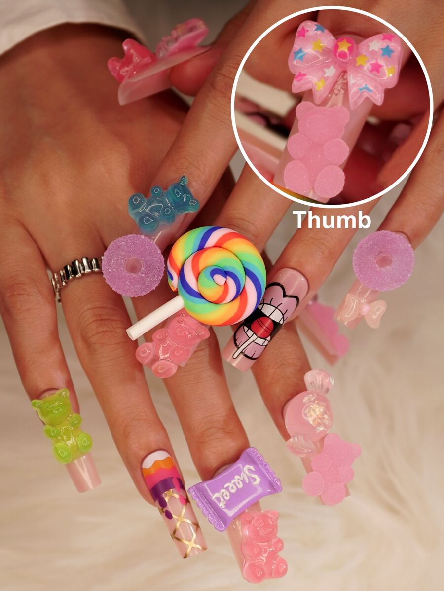 Elevate Your Style With 24Pcs Long Coffin Candy Bear Bowknot 3D Decor Fake Nail & 1Sheet Tape & 1Pc Nail File Press On Nails Nail Supplies Nails - Multicolor - View 1