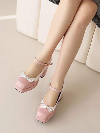 女式雙色蝴蝶結裝飾方頭厚底粗跟淺口鞋時尚瑪麗珍結婚用淺口鞋