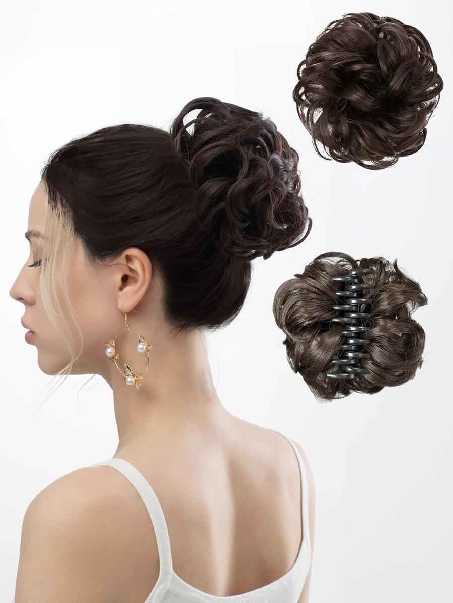 Short Curly Synthetic Hair Bun With Claw - Brown - View 1