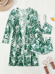 SHEIN Swim Conjunto de bikini con estampado tropical, sujetador de tirantes y pantalones cortos y traje de baño de 3 piezas para cubrir - Multicolor - Ver 3