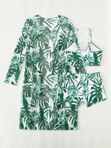 SHEIN Swim Conjunto de bikini con estampado tropical, sujetador de tirantes y pantalones cortos y traje de baño de 3 piezas para cubrir - Multicolor - Ver 4
